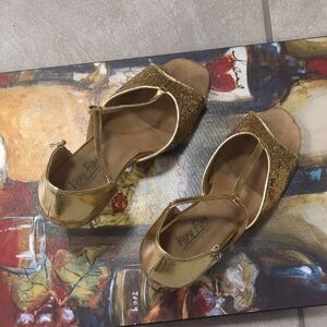 Gold Glitter T-Strap Sandals for Women by Very Fine